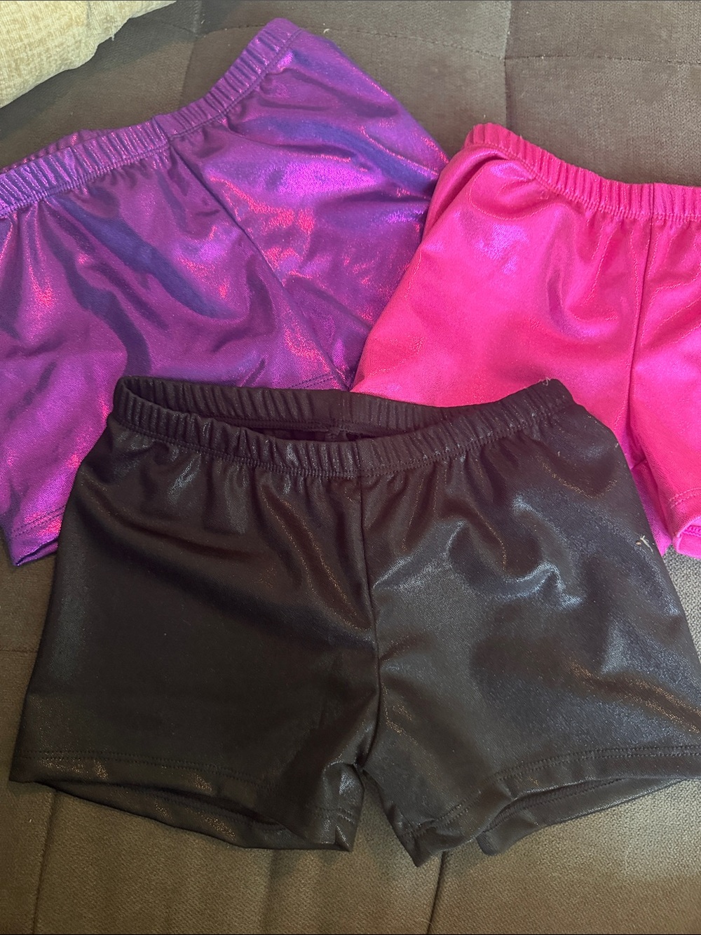 Three Shiny Stretch Athletic Shorts — Black, Fuchsia, Purple